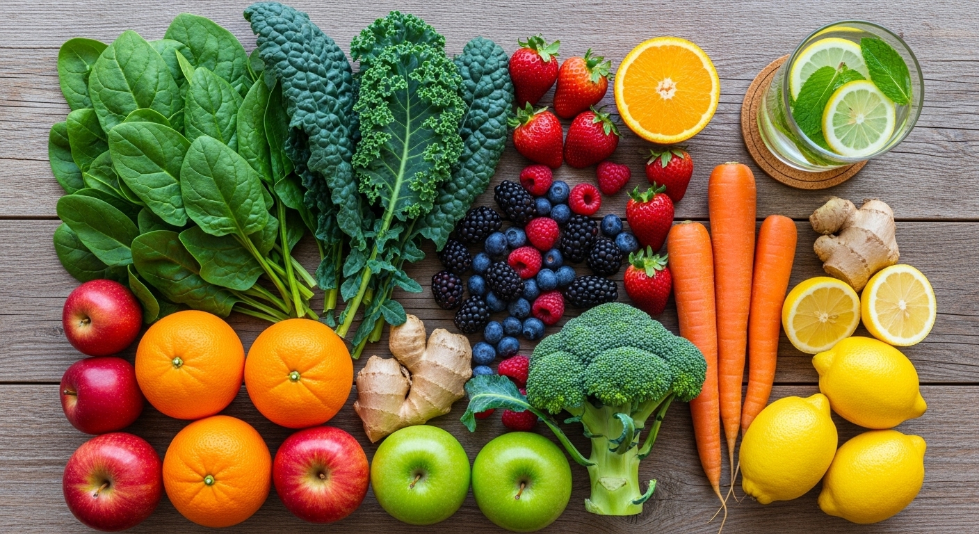 A vibrant, high-angle, photorealistic flat lay image showing an assortment of fresh, colorful fruits and vegetables (spinach, kale, berries, oranges, apples, broccoli, carrots, ginger, lemons) neatly arranged on a rustic wooden table, with a glass of water infused with lemon and mint in the corner, conveying freshness and healthy eating.