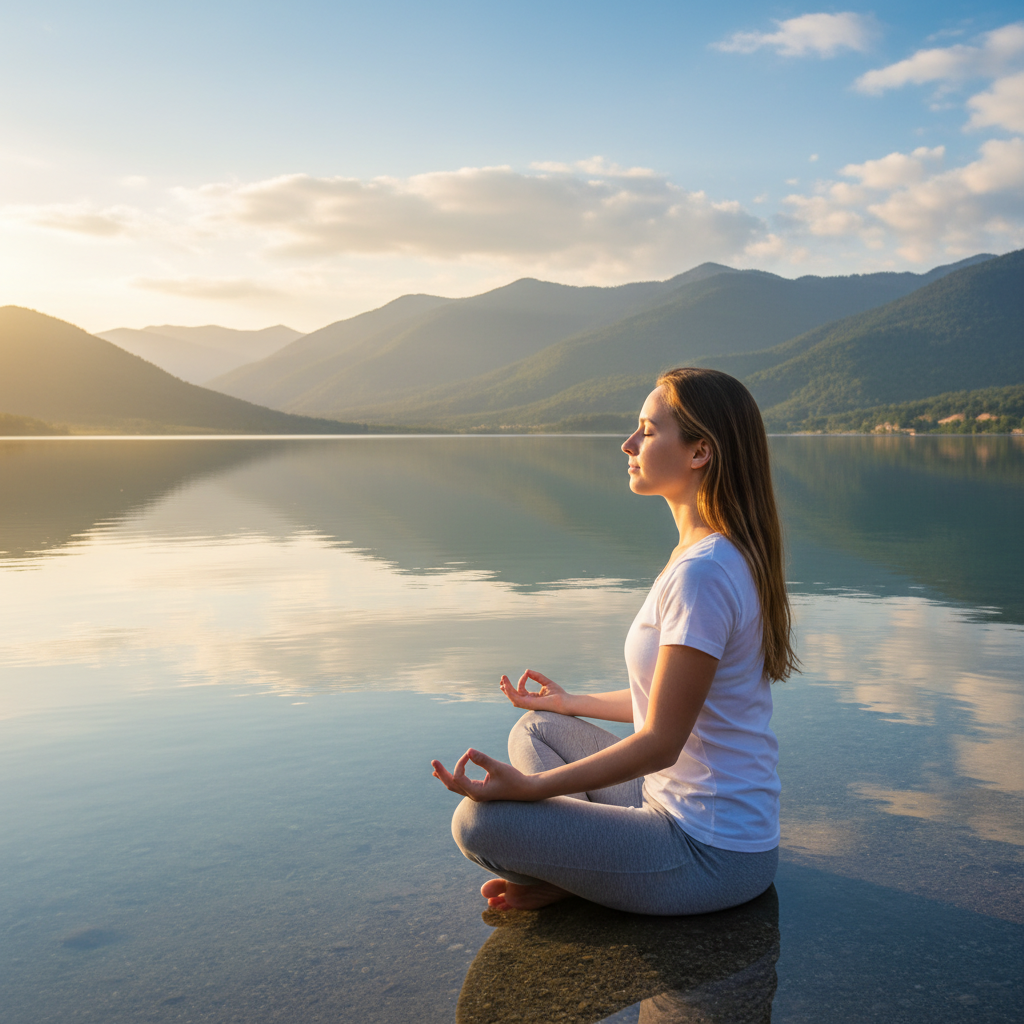 Seorang wanita muda duduk tenang di tepi danau yang jernih saat matahari terbit, melakukan meditasi. Cahaya keemasan menyinari wajahnya yang damai, dengan latar belakang pegunungan hijau dan langit biru yang indah. Ekspresi wajahnya menunjukkan ketenangan dan kebahagiaan sejati. Fotografi sinematik, warna-warna lembut.