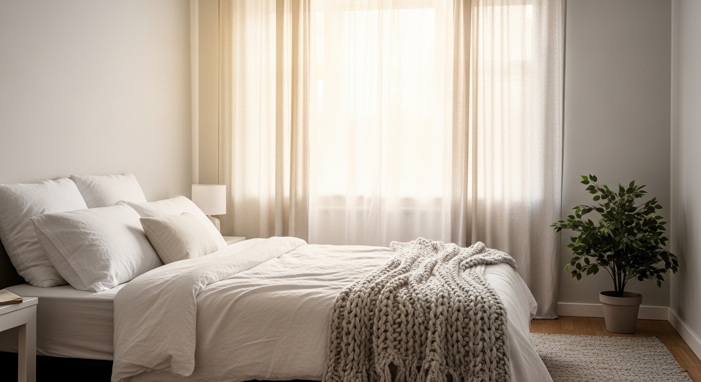 Sebuah kamar tidur yang tenang dan nyaman di pagi hari, dengan cahaya lembut masuk dari jendela. Tempat tidur ditata rapi dengan seprai putih bersih, bantal empuk, dan selimut rajut berwarna netral. Ada sedikit tanaman hijau di sudut kamar, menciptakan suasana damai dan restoratif. Fotorealistik, pencahayaan alami.