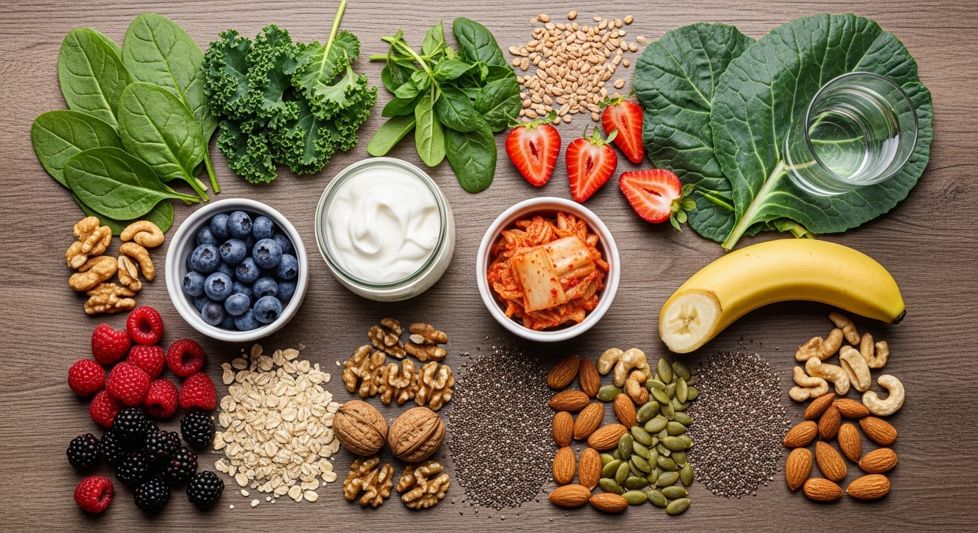 A vibrant, detailed, photorealistic flat lay image of various gut-healthy foods arranged aesthetically on a wooden table. Foods include colorful fruits like berries and bananas, leafy green vegetables like spinach and kale, fermented foods like kimchi and yogurt, whole grains, nuts, and seeds. A small glass of water is also present. Soft, natural lighting.
