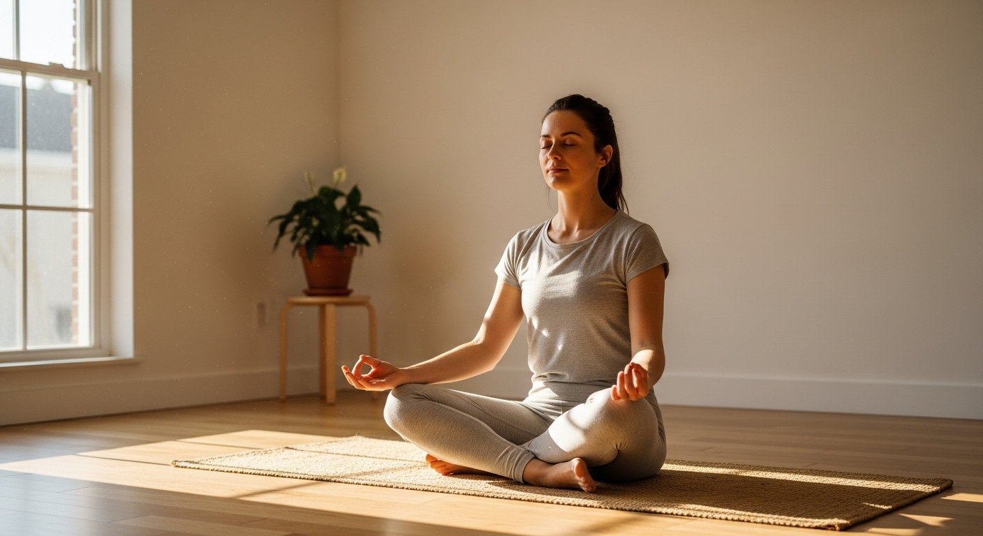 A person sitting calmly on a yoga mat in a serene, sunlit room, meditating with eyes closed, hands in a mudra position, surrounded by soft light and a minimalist, peaceful environment. The overall impression is one of deep tranquility and inner peace.