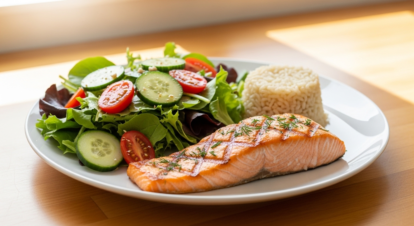 A beautifully arranged, vibrant and colorful balanced meal on a clean white plate. The plate contains a portion of grilled salmon, a generous serving of mixed greens salad with cherry tomatoes and cucumber, and a small portion of brown rice. The background is a soft-focus kitchen counter with natural light, depicting a healthy and appetizing meal.