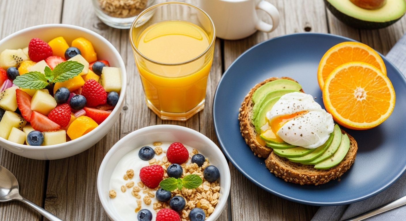A vibrant, detailed, and photorealistic flat lay shot of a healthy breakfast spread on a rustic wooden table. It includes a bowl of colorful fruit salad, a glass of fresh orange juice, whole-grain toast with avocado and poached egg, and a small bowl of Greek yogurt with berries and granola. The lighting is natural and bright, highlighting the fresh textures and colors of the food.