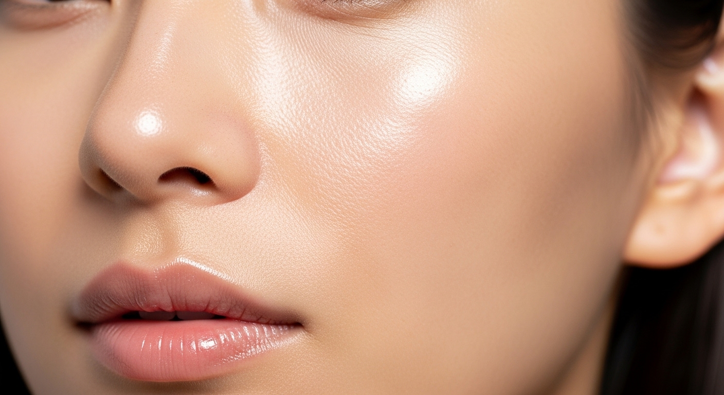 A close-up, high-definition, photorealistic image of a woman's face with visibly radiant, smooth, and healthy skin, showing a natural glow. Her skin looks hydrated and even-toned under soft, natural lighting. There are no visible blemishes, and the focus is on the healthy texture and luminosity of her skin.