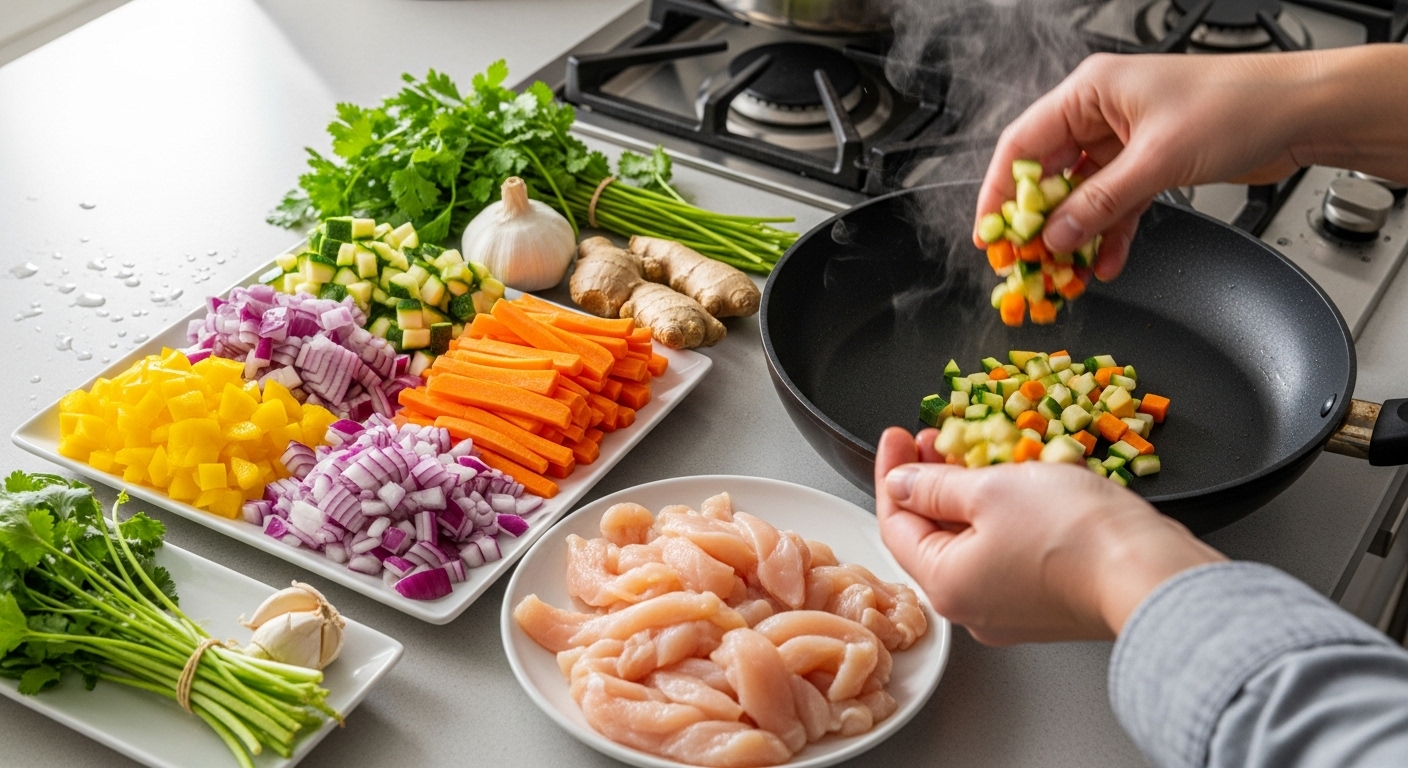 Close-up shot of various fresh, colorful ingredients (chopped vegetables, lean meat, herbs) neatly arranged on a modern kitchen counter, ready for quick meal preparation. A pair of hands is just starting to put some ingredients into a hot pan, with a slight blur of motion to emphasize speed. Bright, natural lighting, photorealistic.